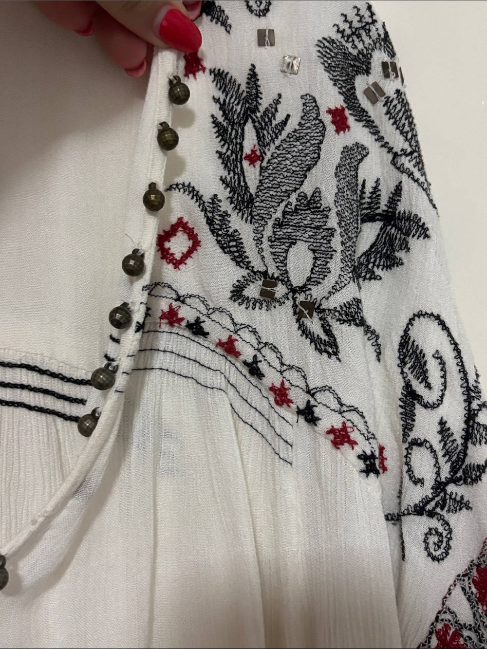 Free People White Peasant Blouse with Black & Red Embroidery - Picture 5 of 8
